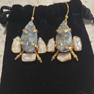 New Raw Aquamarine And Natural Pearl Earrings